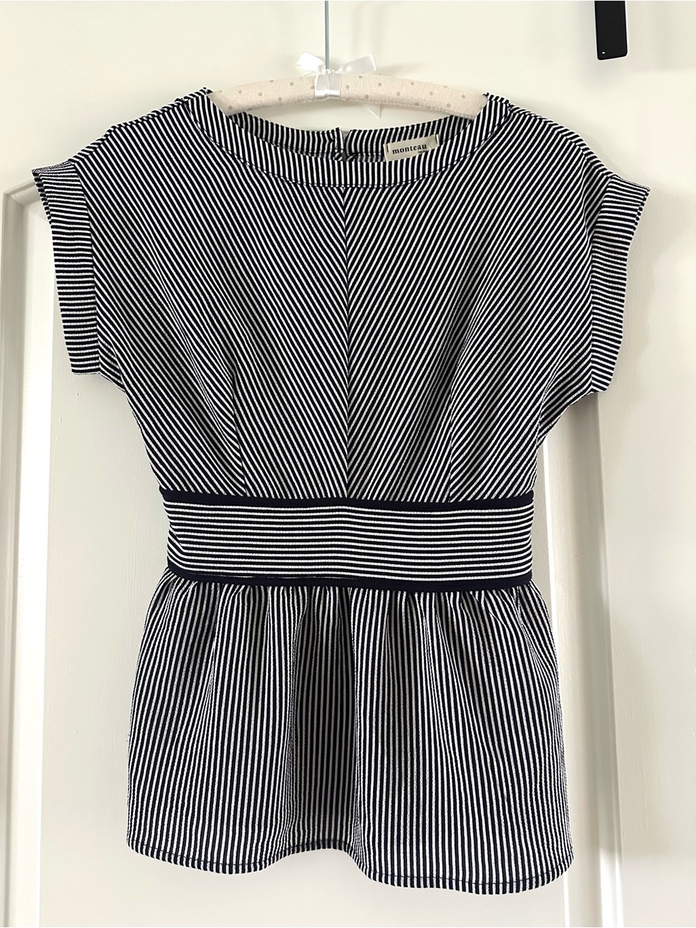 Monteau Navy and White Striped Midi Peplum Dress